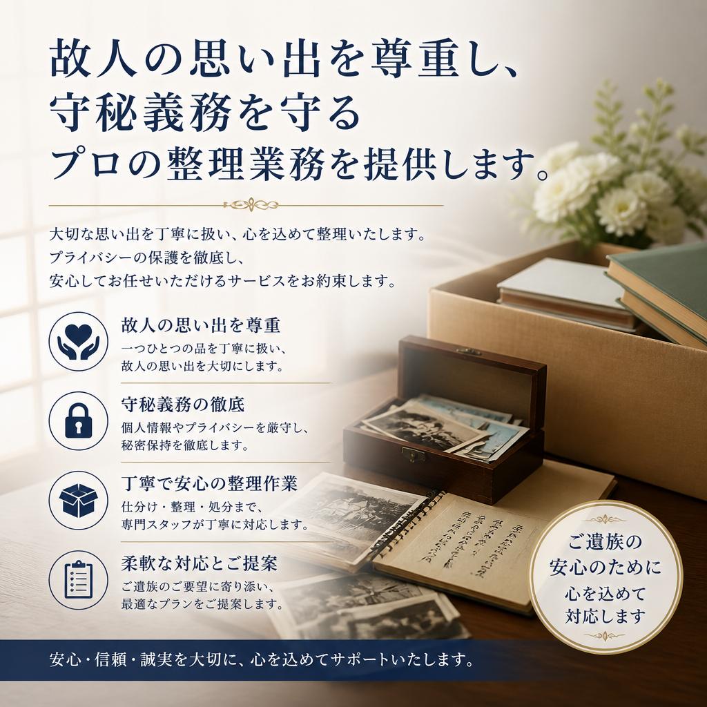 故人の思い出を尊重し、守秘義務を守るプロの整理業務を提供します。有限会社レジェンズ